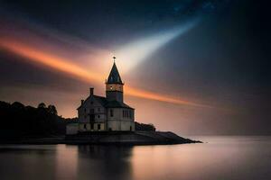 un Iglesia en un pequeño isla en el medio de el océano. generado por ai foto