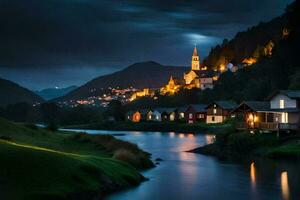 foto fondo de pantalla el cielo, noche, río, aldea, Eslovenia, noche, el noche. generado por ai