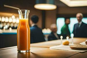 un vaso de naranja jugo sentado en un mesa. generado por ai foto