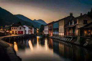 a canal in the middle of a town at sunset. AI-Generated photo