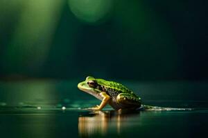 un rana sentado en el agua superficie en frente de un verde antecedentes. generado por ai foto