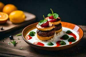 un plato con comida en eso y algunos fruta. generado por ai foto