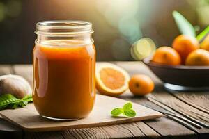 un tarro de naranja jugo en un mesa con naranjas y hierbas. generado por ai foto