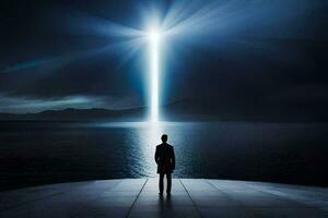 a man stands in front of a cross on a pier. AI-Generated photo