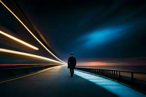 a man walking on a bridge at night with light trails. AI-Generated photo