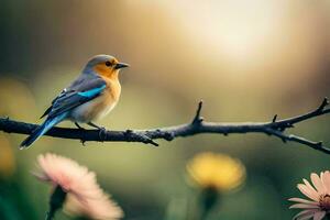 a blue bird sits on a branch in front of flowers. AI-Generated photo