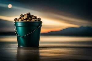 a bucket filled with nuts on the beach. AI-Generated photo