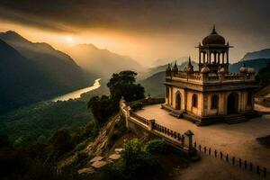 a temple sits on top of a hill overlooking a valley. AI-Generated photo