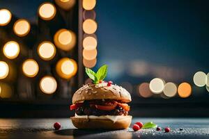 un hamburguesa con coberturas en un mesa en frente de un paisaje urbano generado por ai foto