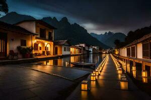 a walkway in front of a house with candles lit up. AI-Generated photo