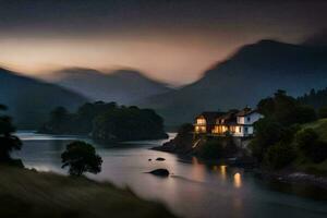 un casa se sienta en el borde de un lago a oscuridad. generado por ai foto