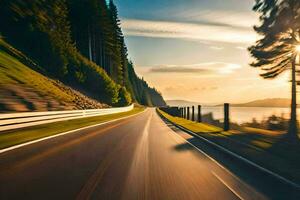 a car driving on a road with the sun setting behind it. AI-Generated photo
