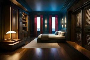 a bedroom with dark wood floors and blue walls. AI-Generated photo