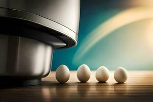 five eggs are sitting next to a machine. AI-Generated photo