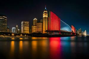 the city skyline at night with a bridge over water. AI-Generated photo