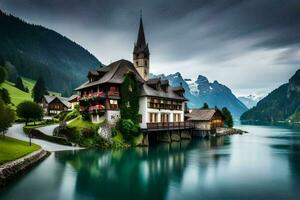 a beautiful house sits on the edge of a lake. AI-Generated photo