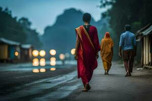 a woman in a red sari walks down a road at night. AI-Generated photo