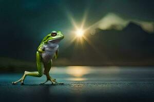 a frog standing on its hind legs with the sun shining in the background. AI-Generated photo