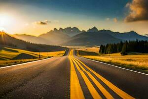 un la carretera con amarillo líneas corriendo abajo eso en el medio de un campo. generado por ai foto