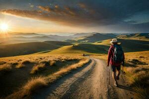 a woman walks on a dirt road in the mountains. AI-Generated photo