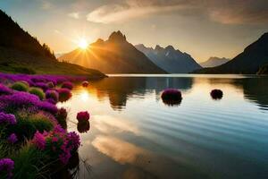 the sun rises over the mountains and flowers in the water. AI-Generated photo