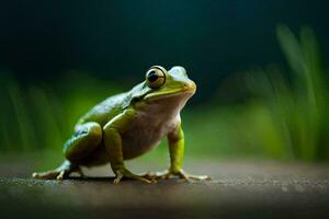a frog is standing on the ground with a green background. AI-Generated photo