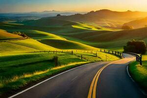 a road winding through green hills at sunset. AI-Generated photo