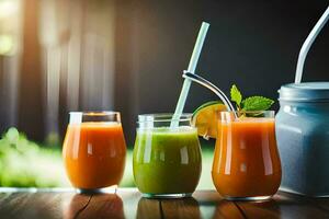 three glasses of juice with straws and a pitcher. AI-Generated photo