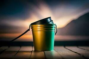 a bucket with a lid on a wooden table. AI-Generated photo