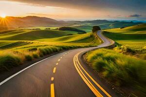 a winding road in the middle of a green field. AI-Generated photo