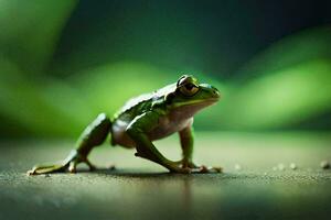 a frog is standing on a wooden floor. AI-Generated photo