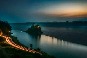 a long exposure photograph of a car driving along a road near a river. AI-Generated photo