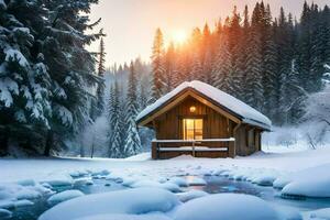 a cabin in the snow with the sun setting. AI-Generated photo