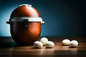 an egg cooker with eggs on a table. AI-Generated photo