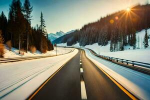 a snowy road in the mountains with trees and snow. AI-Generated photo