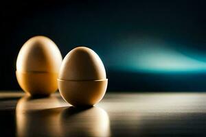 two eggs are sitting on a table. AI-Generated photo