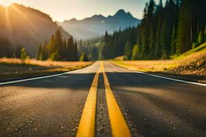 a road with a yellow line in the middle of it. AI-Generated photo
