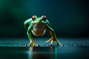 a frog with red eyes standing on a dark surface. AI-Generated photo