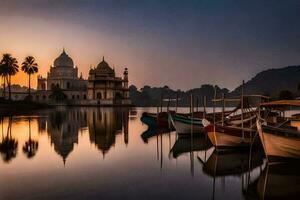 boats are docked in the water at sunset. AI-Generated photo