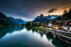 un lago y montaña rango a oscuridad. generado por ai foto