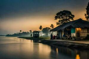 a hut sits on the shore of a river at sunset. AI-Generated photo