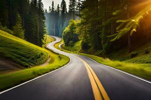 un devanado la carretera en el bosque con arboles y césped. generado por ai foto