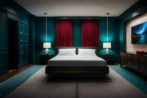 un dormitorio con azul paredes y un cama con un rojo cortina. generado por ai foto