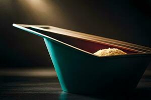 a bowl of rice in a green container. AI-Generated photo