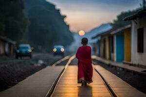 a woman in red is walking down a train track. AI-Generated photo