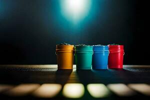 four colorful plastic buckets on a dark surface. AI-Generated photo