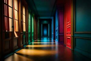 a hallway with colorful doors and windows. AI-Generated photo