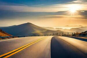 un la carretera con el Dom brillante terminado el montañas. generado por ai foto