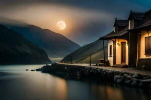 foto fondo de pantalla el luna, lago, casa, el luna, el cielo, el agua, el. generado por ai