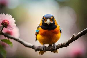 a colorful bird sits on a branch with pink flowers. AI-Generated photo